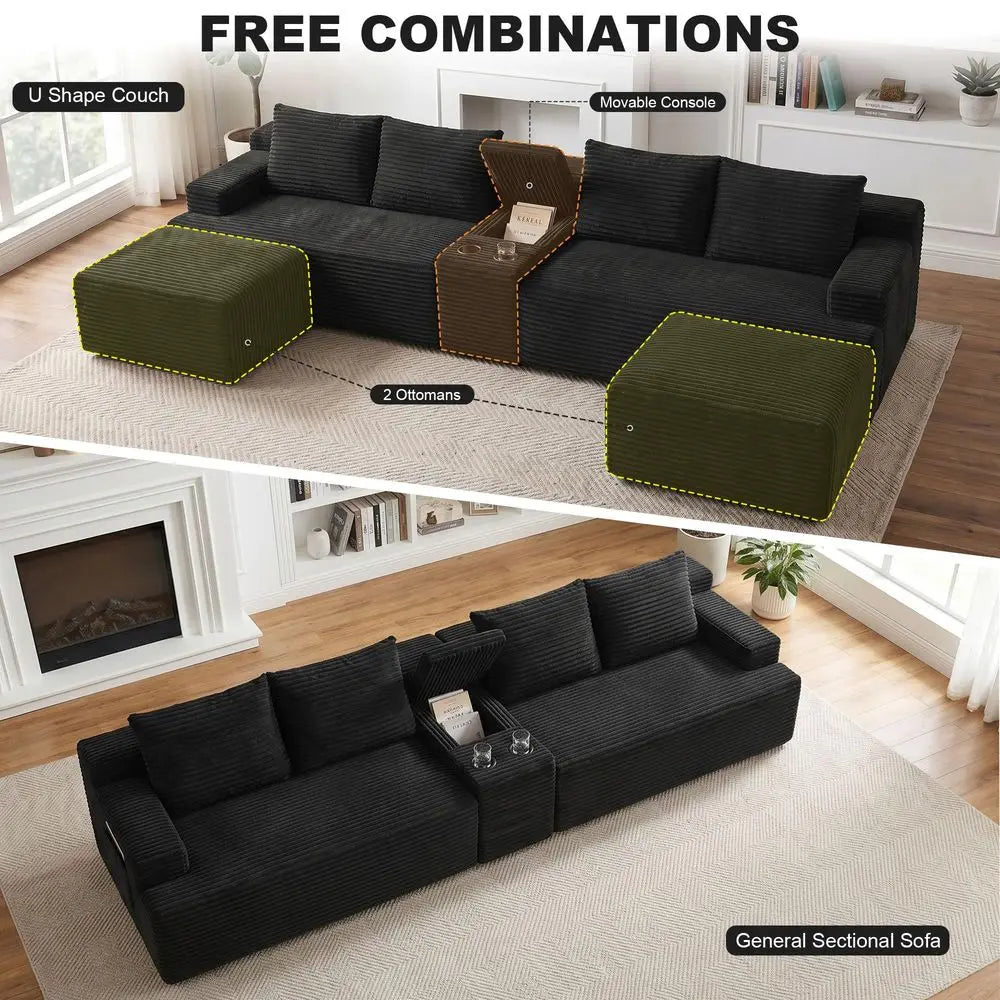 140.6 Boneless Sectional Sofa Couches for Living Room, Oversized U Shaped Cloud Modular Set w Center Console, Cup Holders, Side