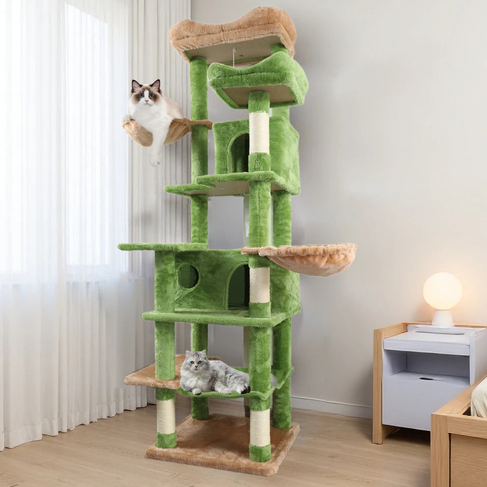 68-Inch Tall Green Multi-Level Cat Tree for Indoor Cats, Particle Board Cat Tower with Hammocks, Hanging Basket, Cat Cave, Removable Cushion, Scratching Posts and Plush Top Perch, Cat Furniture for Climbing and Resting, Green