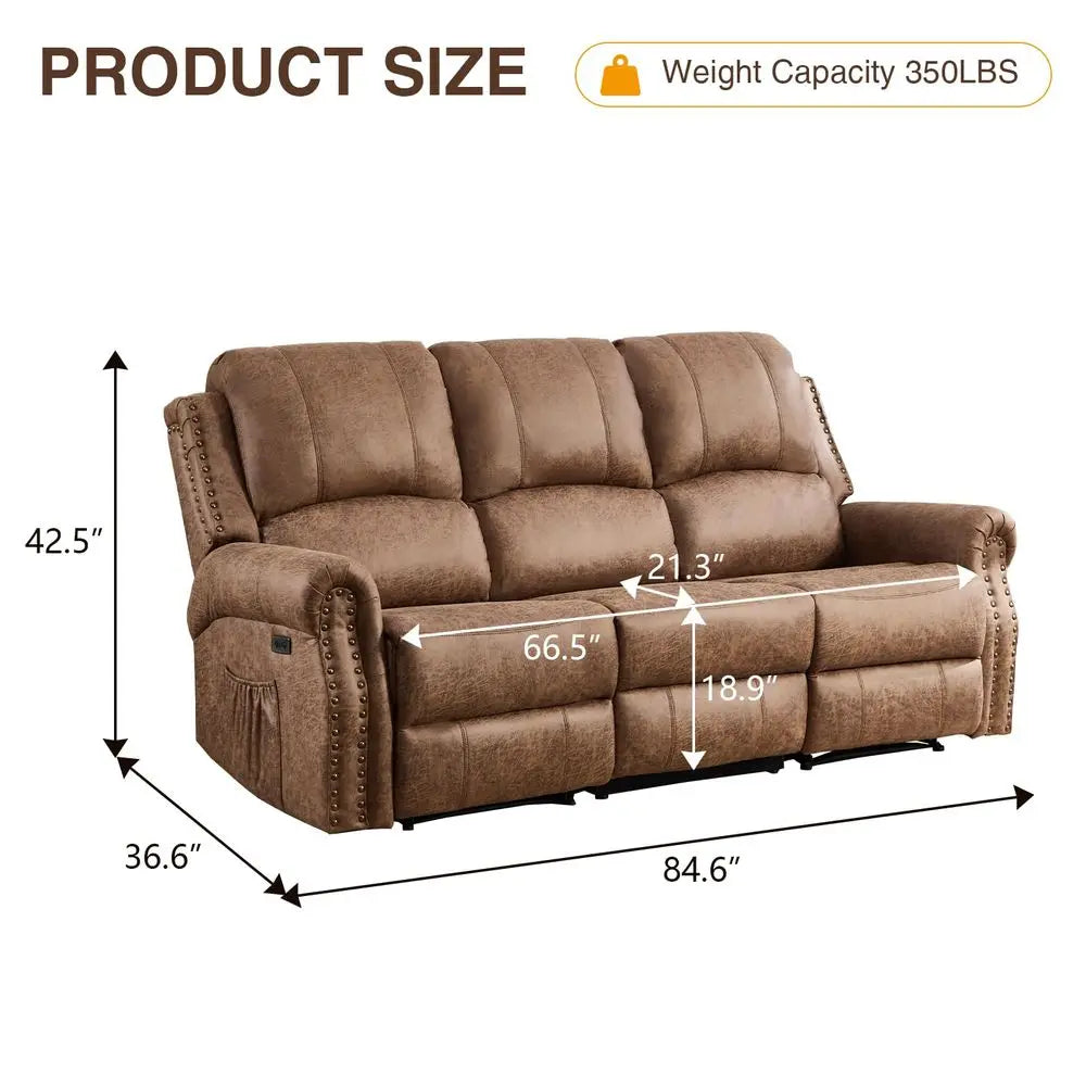 Faux Leather Power Reclining Sofa, 3 Seat Electric Recliner Couch Sofa with Rivet Decoration, Recliner Sofa for Living Room, Of