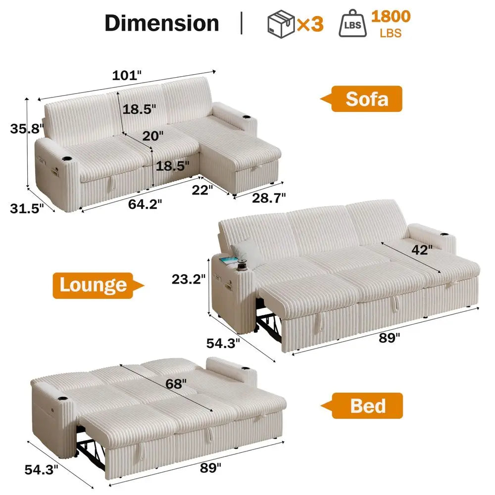 101 Plush Corduroy L Shaped Sectional Sleeper Sofa Bed with Pull Out Bed, Reclining Backrest, Reversible Storage Chaise, USB Po