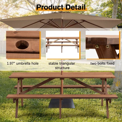 Brandless 8 Person Brown Wooden Picnic Table Outdoor Dining Bench