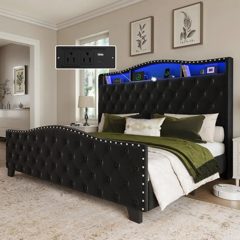 King Size Bed Frame and Headboard, 50.9 Velvet Upholstered Wingback Bedframe with LED Lights amp Storage Charging Station, Butt