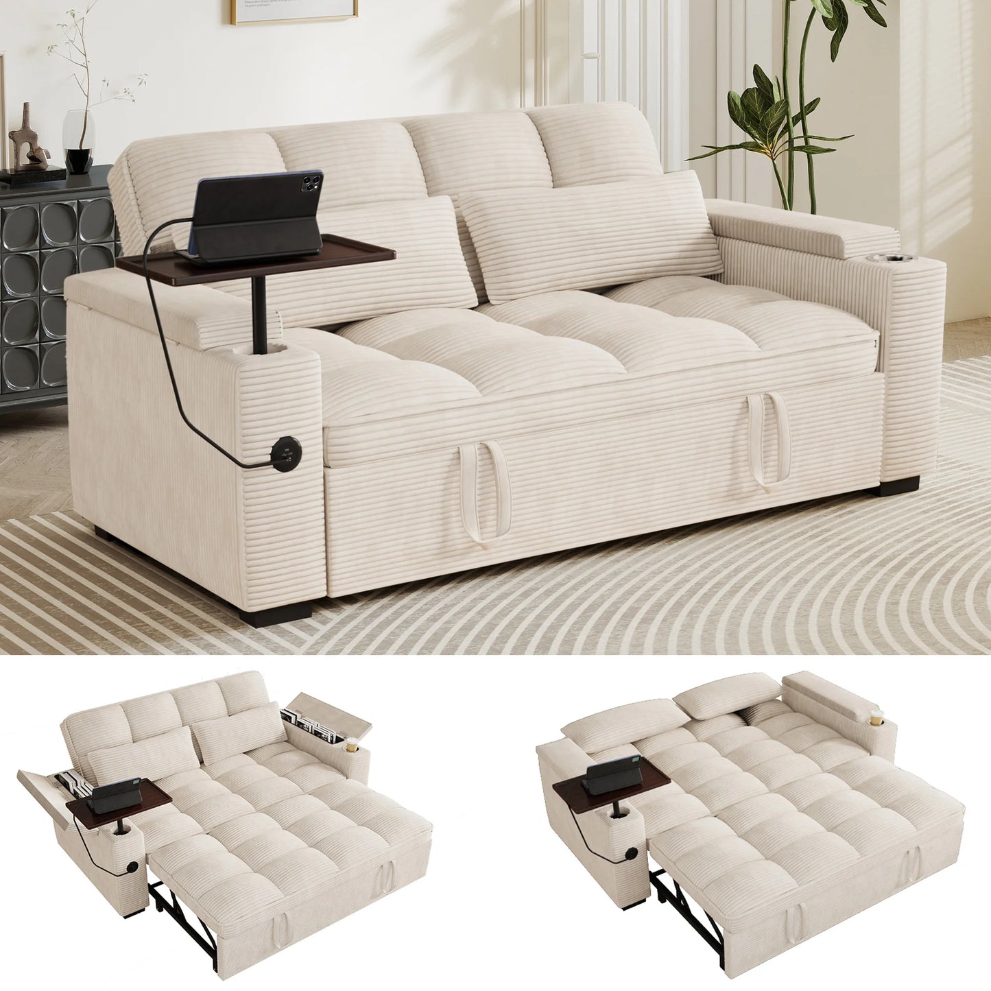 Convertible Folding Sofa Bed With Corduroy Fabric And USB Charging