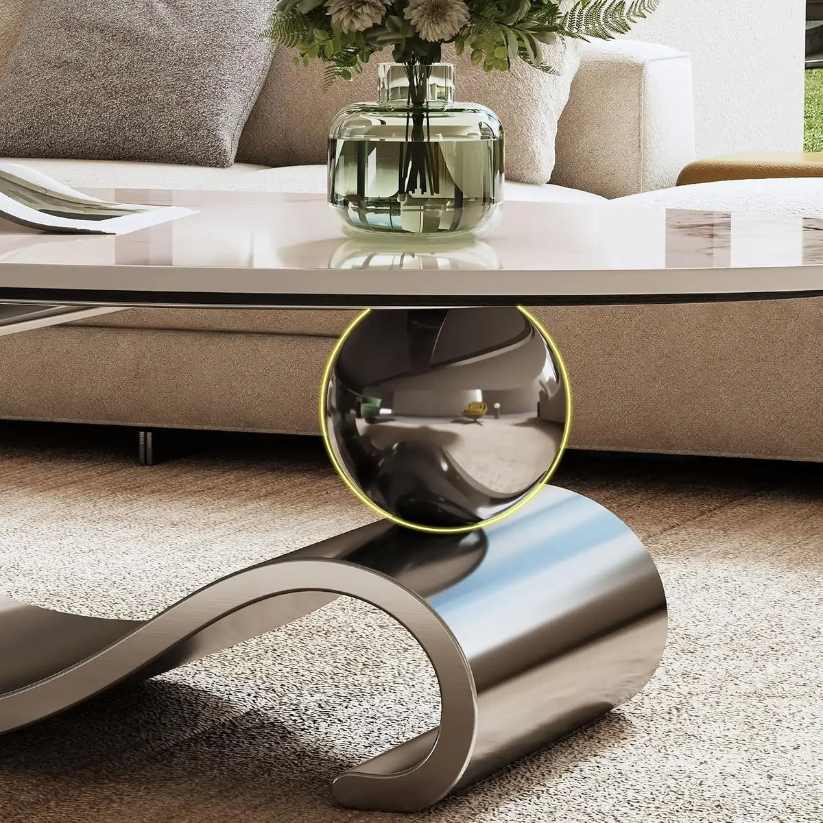 Modern Oval Coffee Table with Sintered Stone Marble Pattern Top