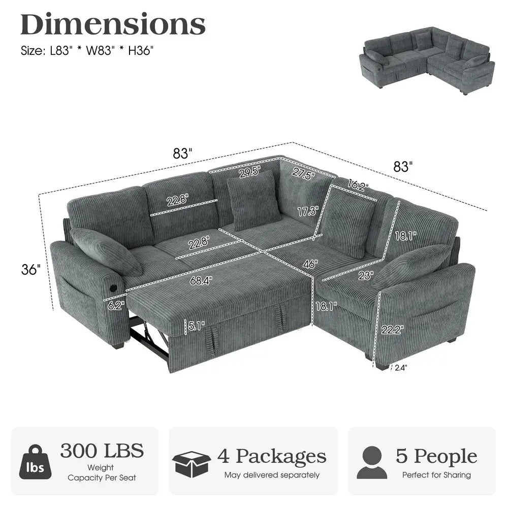 83inch 5Seater Large Sectional Sofa Bed with Storage, Corduroy Reversible Modular Sleeper Sofa with USB Port amp 4 Pillows, Con