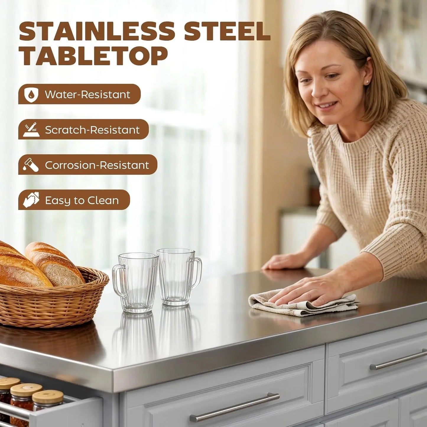 Rolling Kitchen Island Cart 47" Stainless Steel Top, Portable Table with Wheels Adjustable Shelves 2 Drawers Spice Knife Towel R