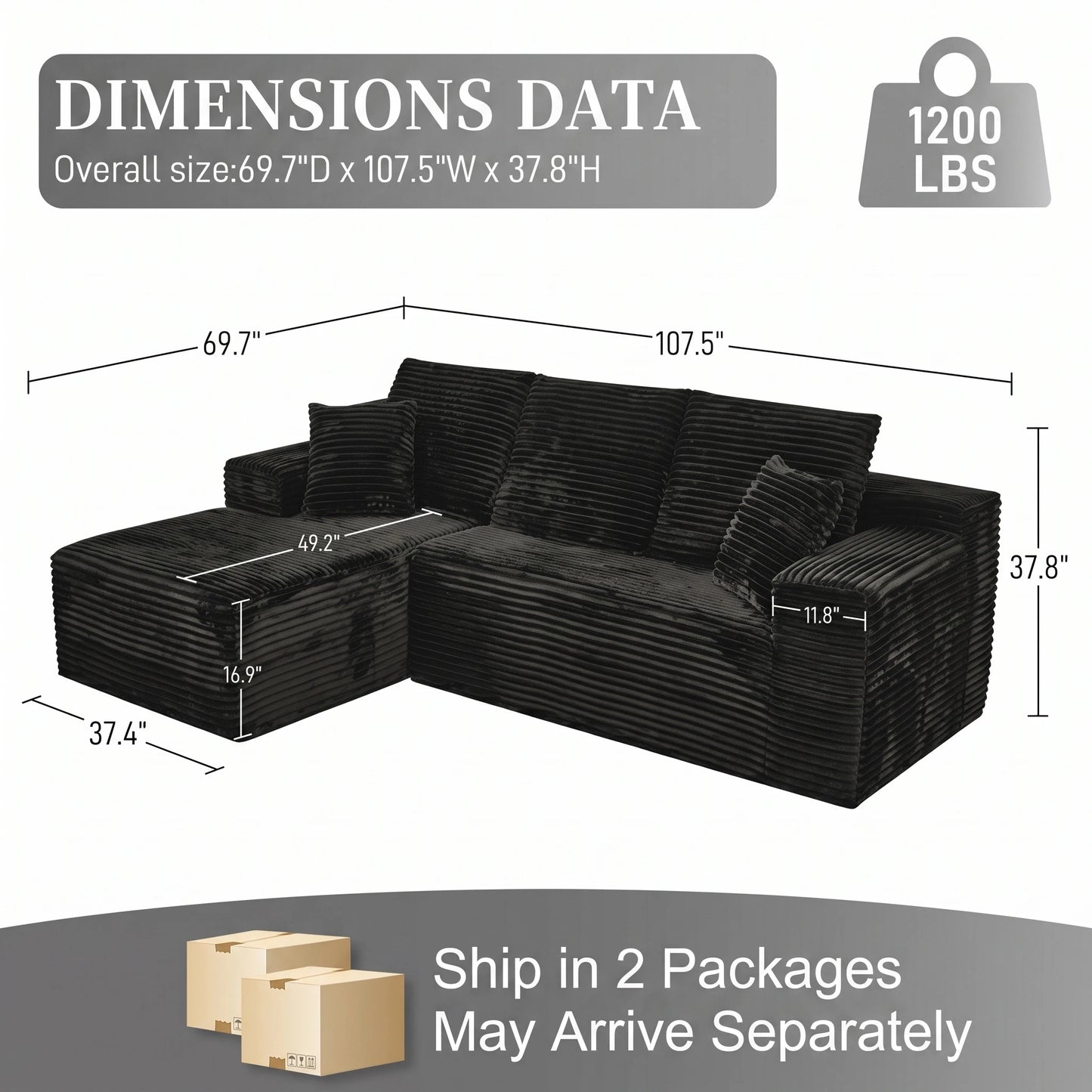 L-Shaped Corduroy Recliner Sofa With Chaise Deep Seat Modular Sectional