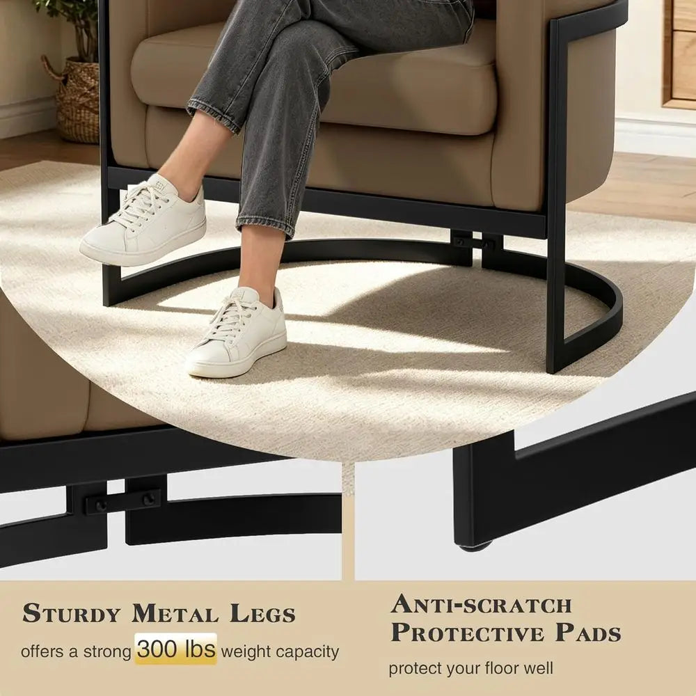 Faux Leather Barrel Accent Chair With Sturdy Metal Legs for Living Rooms