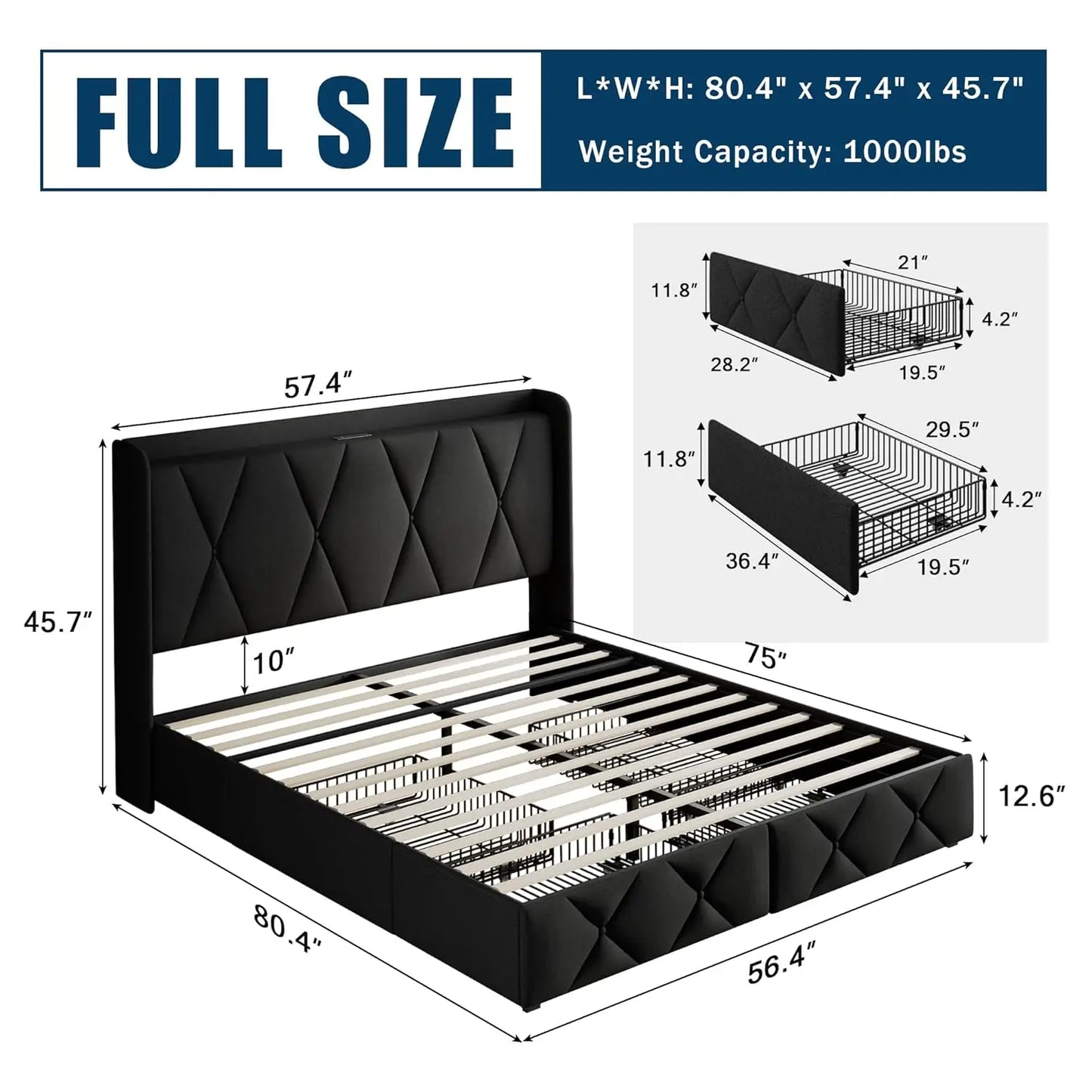 Full Size Upholstered Bed with 4 Storage Drawers, Charging Station, Wingback Headboard, Noise-Free, Black, Customized