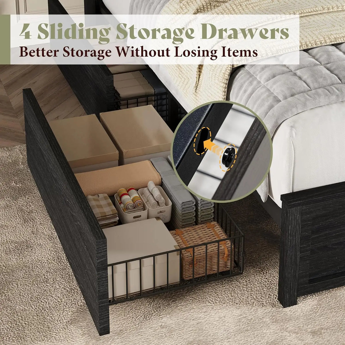 Queen Fireplace Storage Platform Bed with Headboard Barn Cabinets 4 Drawers 2 Racks RGB LED Charging Black Customized
