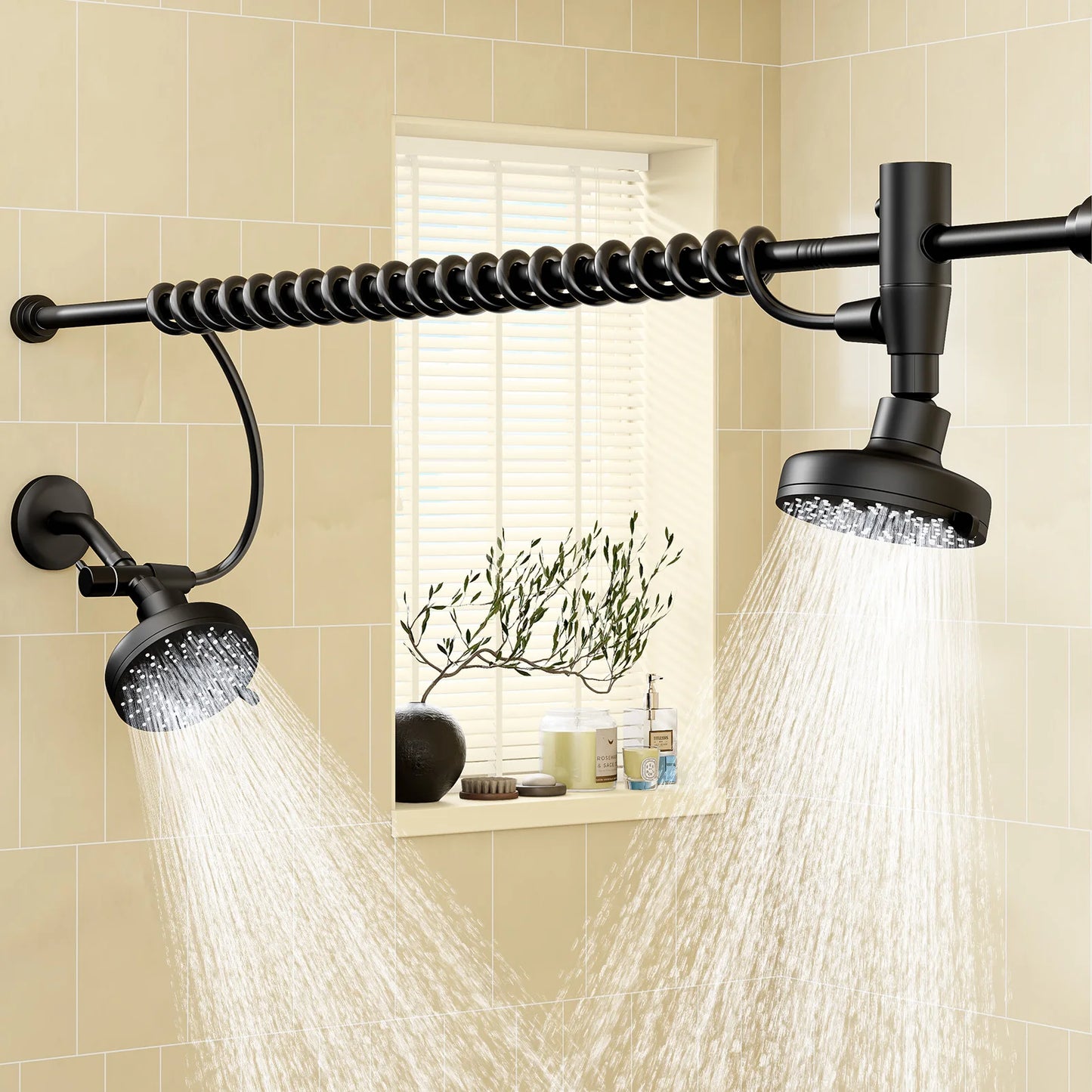 Tandem Dual Shower Head Adjustable Slider High Pressure Stainless Steel Wall Mounted