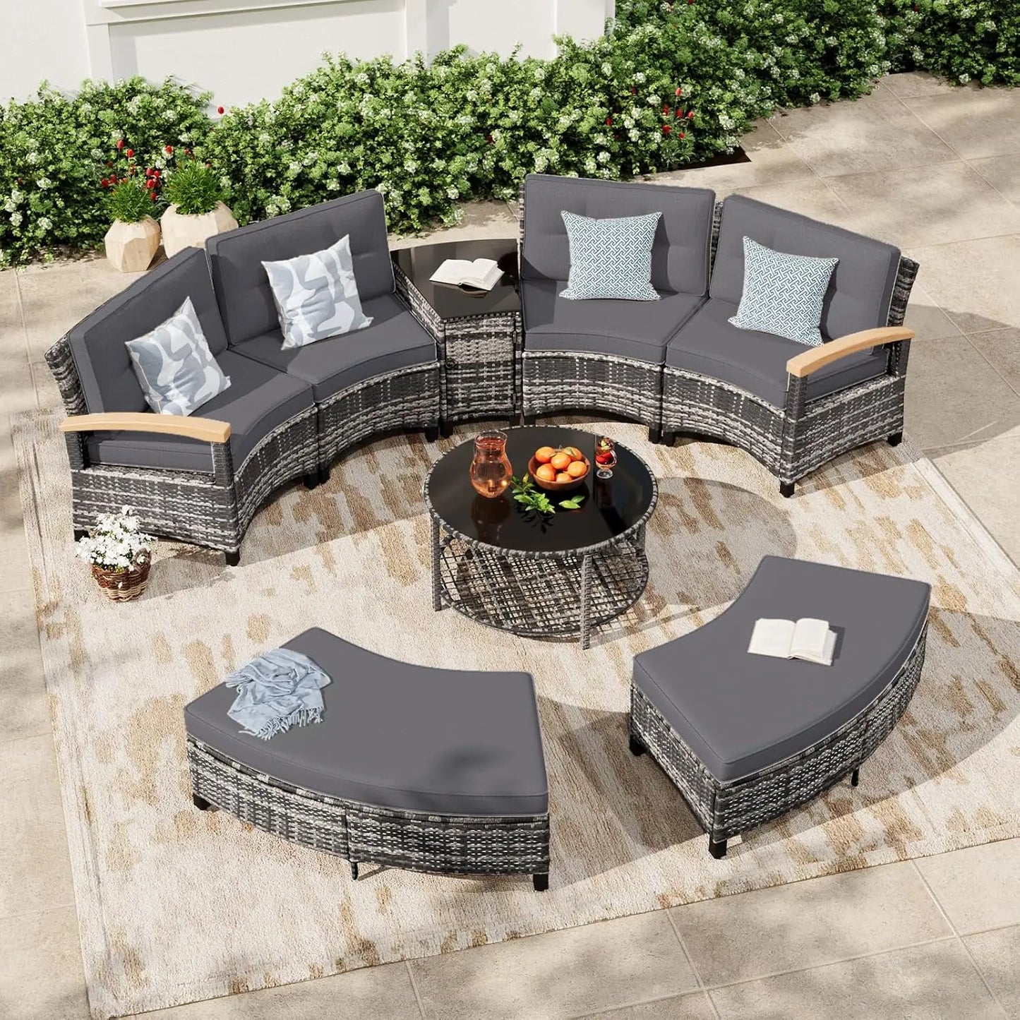 Curved Half Moon Outdoor Patio Sectional Sofa Set With Tables