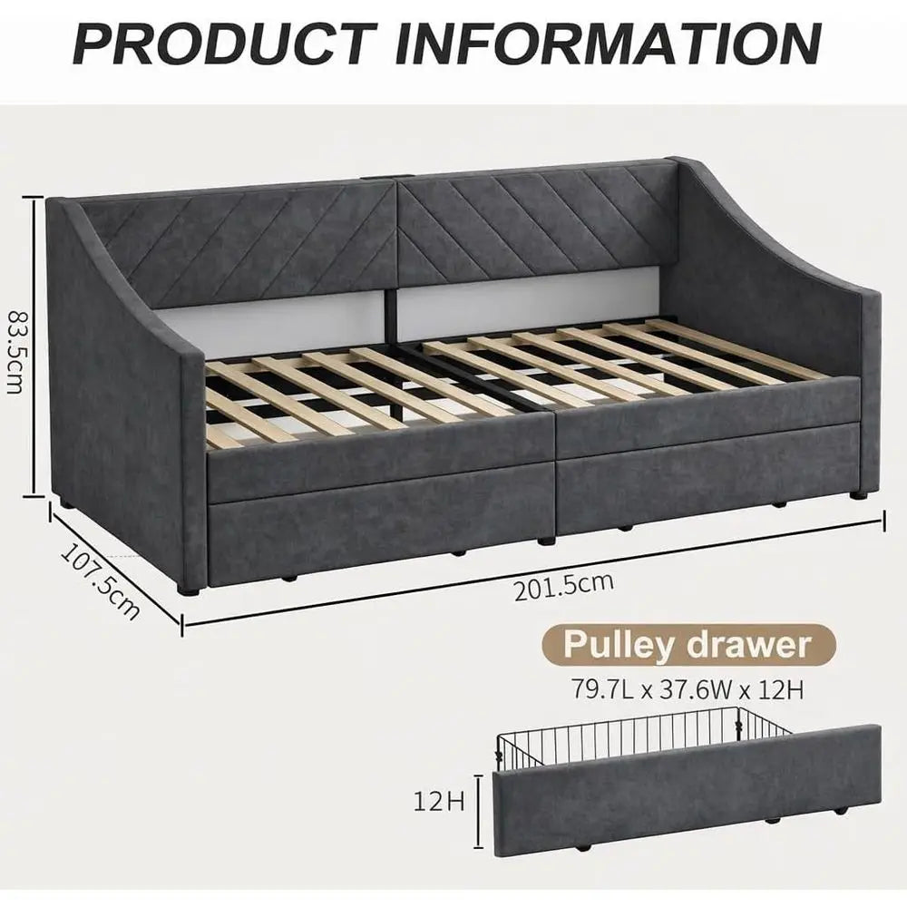 Twin Daybed with Storage Drawers and Leather Sofa Bed, Wood Slat Support, No Box Spring Needed (K Grey)
