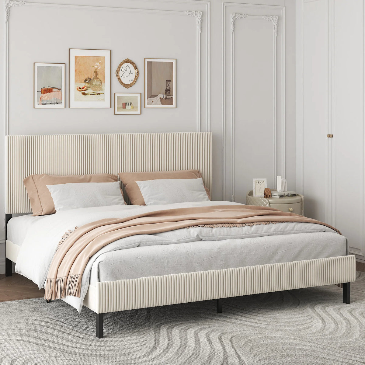 Upholstered Platform Bed Frame With Tall Headboard Easy Assembly