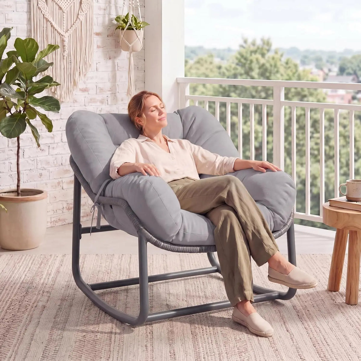 Papasan Rocking Chair With Thick Cushion, Outdoor Wicker Rattan Egg Chair, 450 lb Patio Lounge Rocker For Porch Balcony Indoor Use