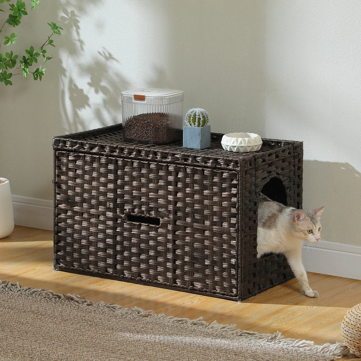 PEQULTI Rattan Cat Litter Box Enclosure With Flip Up Design