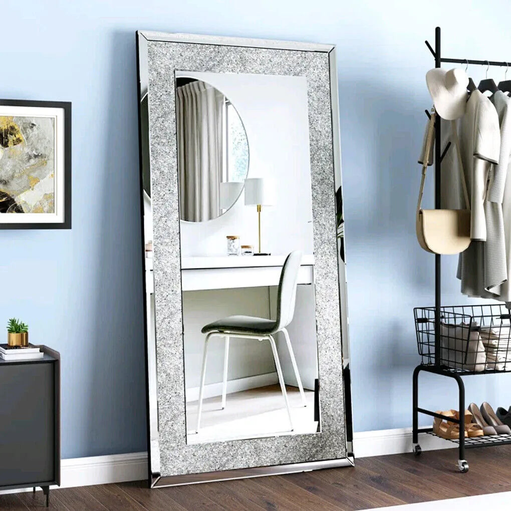 Crystal Crush Diamond Rectangle Silver Wall Mirror For Home Decoration