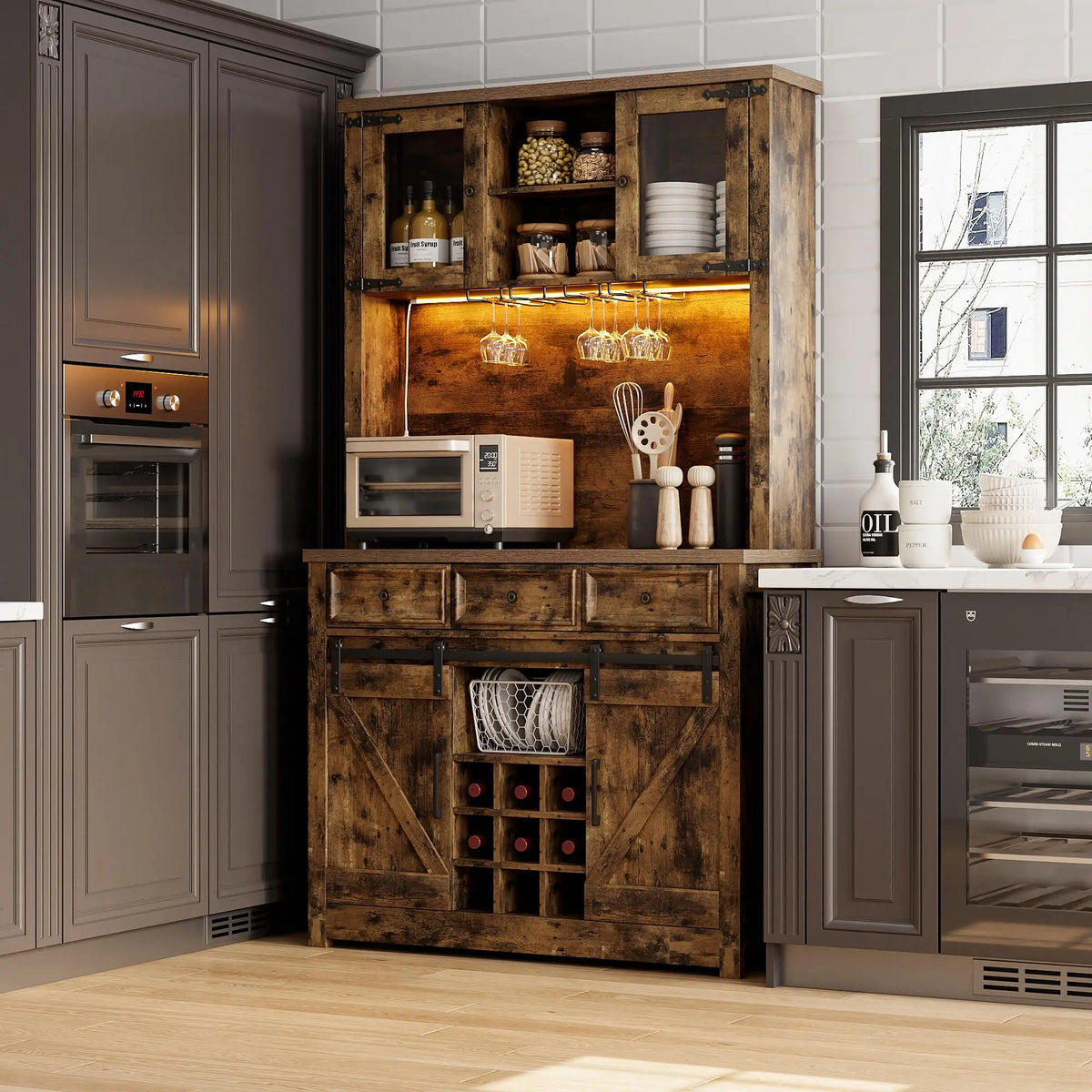 HiMISS Farmhouse Coffee Bar Cabinet With LED Lighting Wine Rack