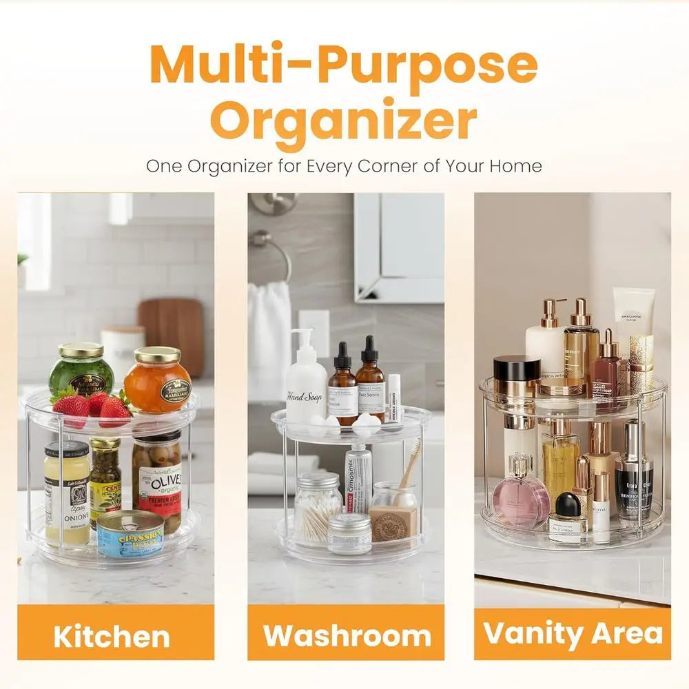 2 Tier Lazy Susan Organizer or Cabinet, Clear Acrylic Rotating Spice Rack Turntable for Kitchen, Pantry, Countertop, Bathroom, V