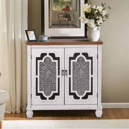 Accent Cabinet with 2 Doors, Farmhouse Decorative Storage Cabinet with Solid Wood Frame amp Legs for Living Room Entryway Small