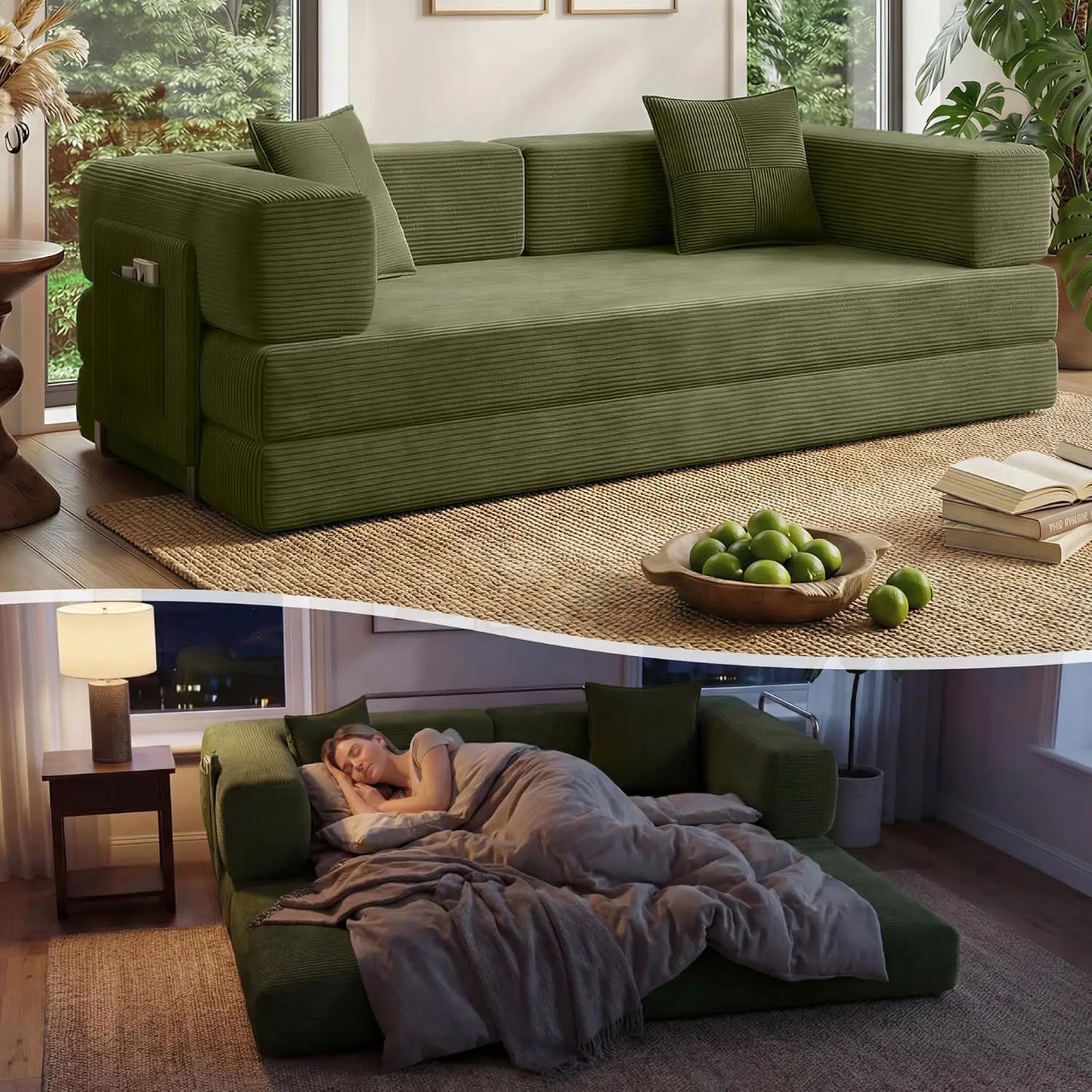 78.8" Convertible Sofa Bed with Armrest Pillow, 4-in-1 Sleeper Couch Bed for Livingroom, Modular Corduroy Boneless, Customized