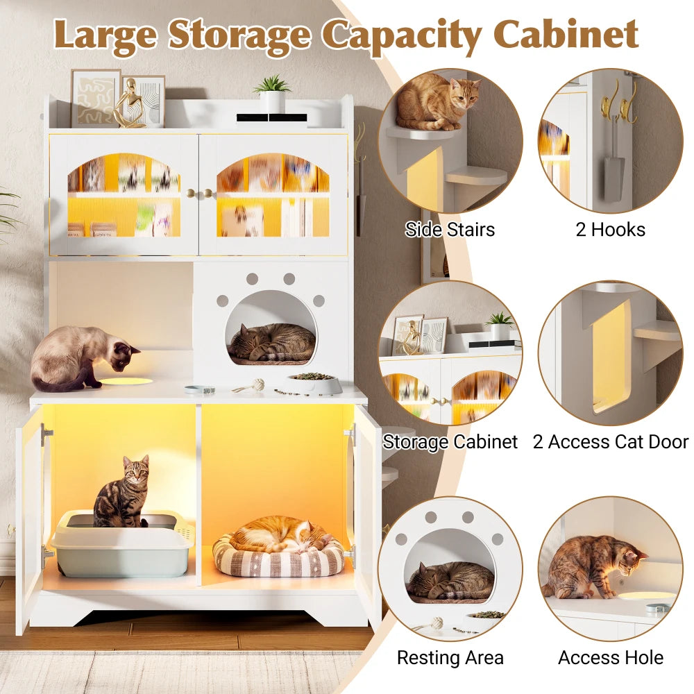3-Tier Cat Litter Box Enclosure with Storage Cabinet, Hidden Cat Washroom Furniture with Fluted Glass Doors & Climbing Platforms