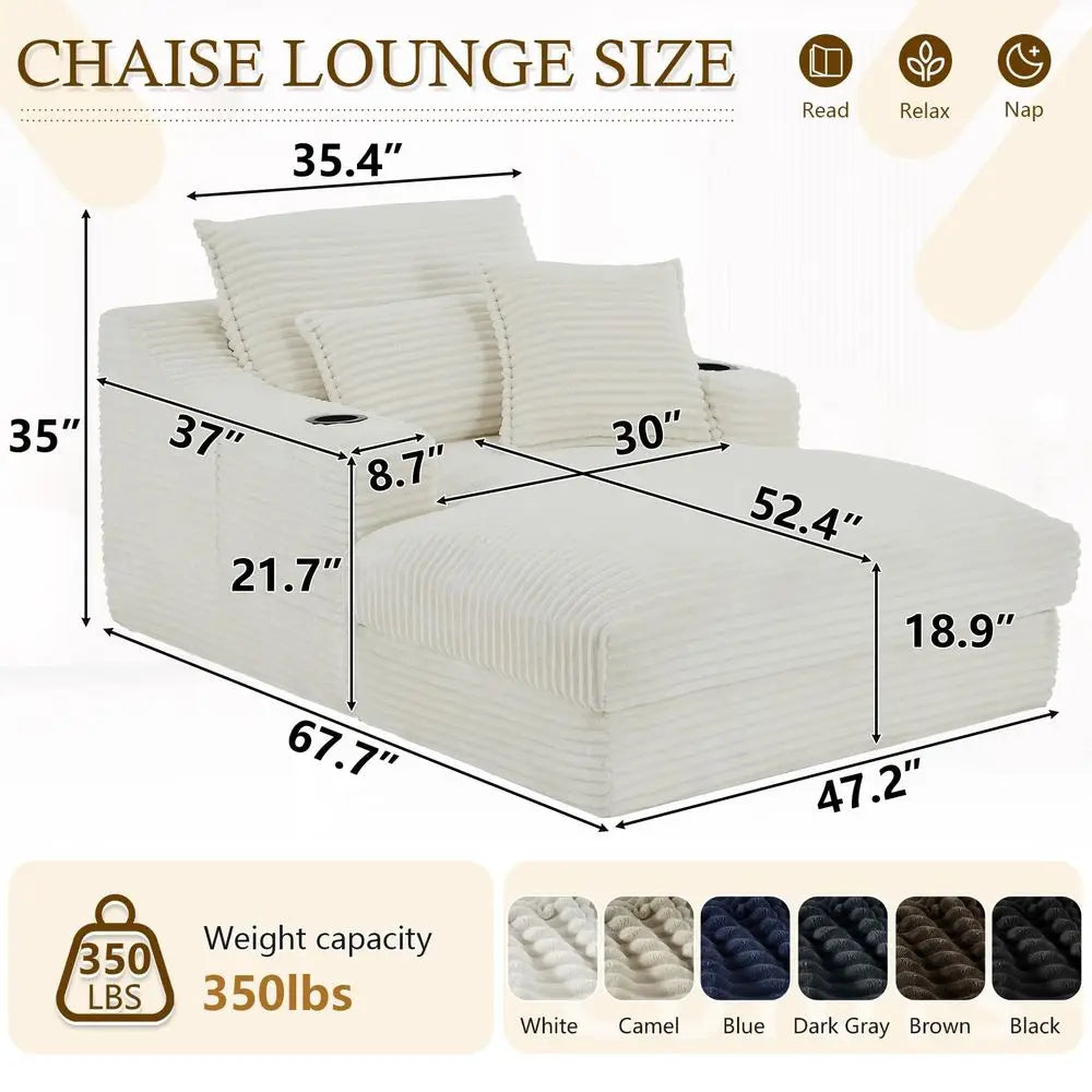 Oversized Chaise Lounge Chair Indoor, Boneless Chaise Lounge Chair with Cup Holders Side Pockets 3 Pillows, Cloud Corduroy Chai