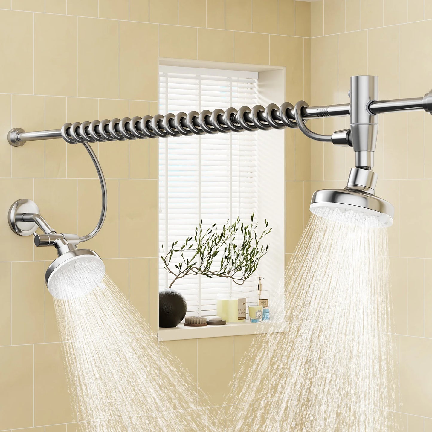 Tandem Dual Shower Head Adjustable Slider High Pressure Stainless Steel Wall Mounted