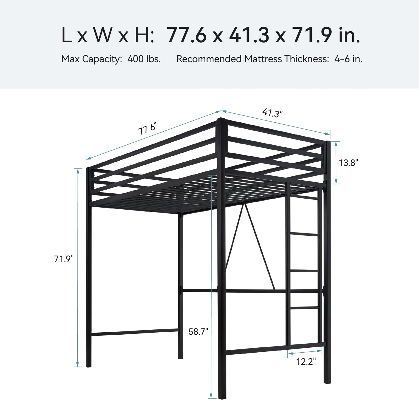 HOOMIC Metal Loft Bed Frame With Guardrail And Removable Ladder