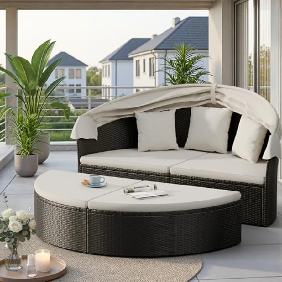 MDNG Outdoor Round Patio Daybed With Retractable Canopy