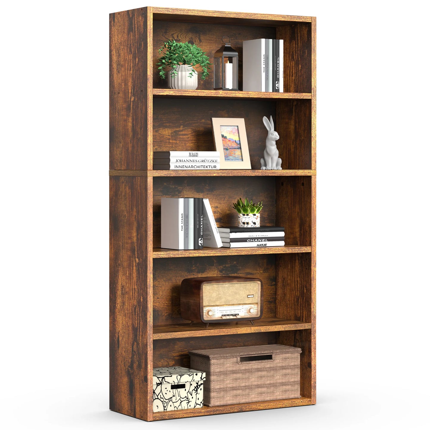 MCQ Five Tier Wooden Bookshelf With Adjustable Storage Shelves