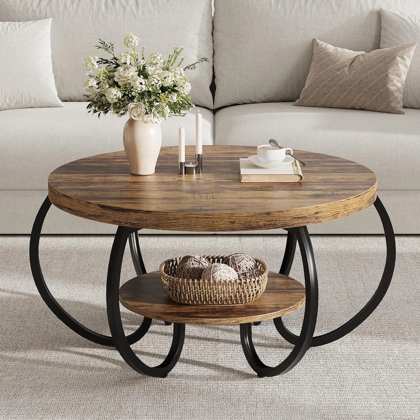 Round Coffee Table 30 in Center Table, 2-Tier Coffee Table Industrial Center Tables with Adjustable Feet, Living, Customized