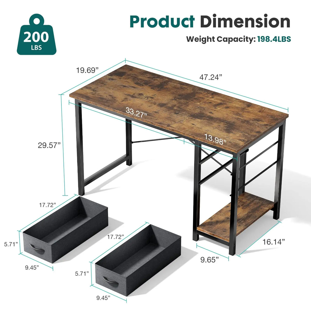 JHK 47IN Computer Desk with 2 Drawers For Study Office Gaming Wood Table with Adjustable Position Drawers Modern Work Table