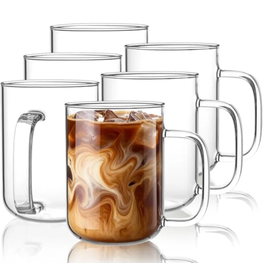Glass Coffee Mugs, Ice Coffee Cups Set of, Large Clear Tea Cups, Glass Mugs with Handles for Hot Beverages, Glass Cups for Latt
