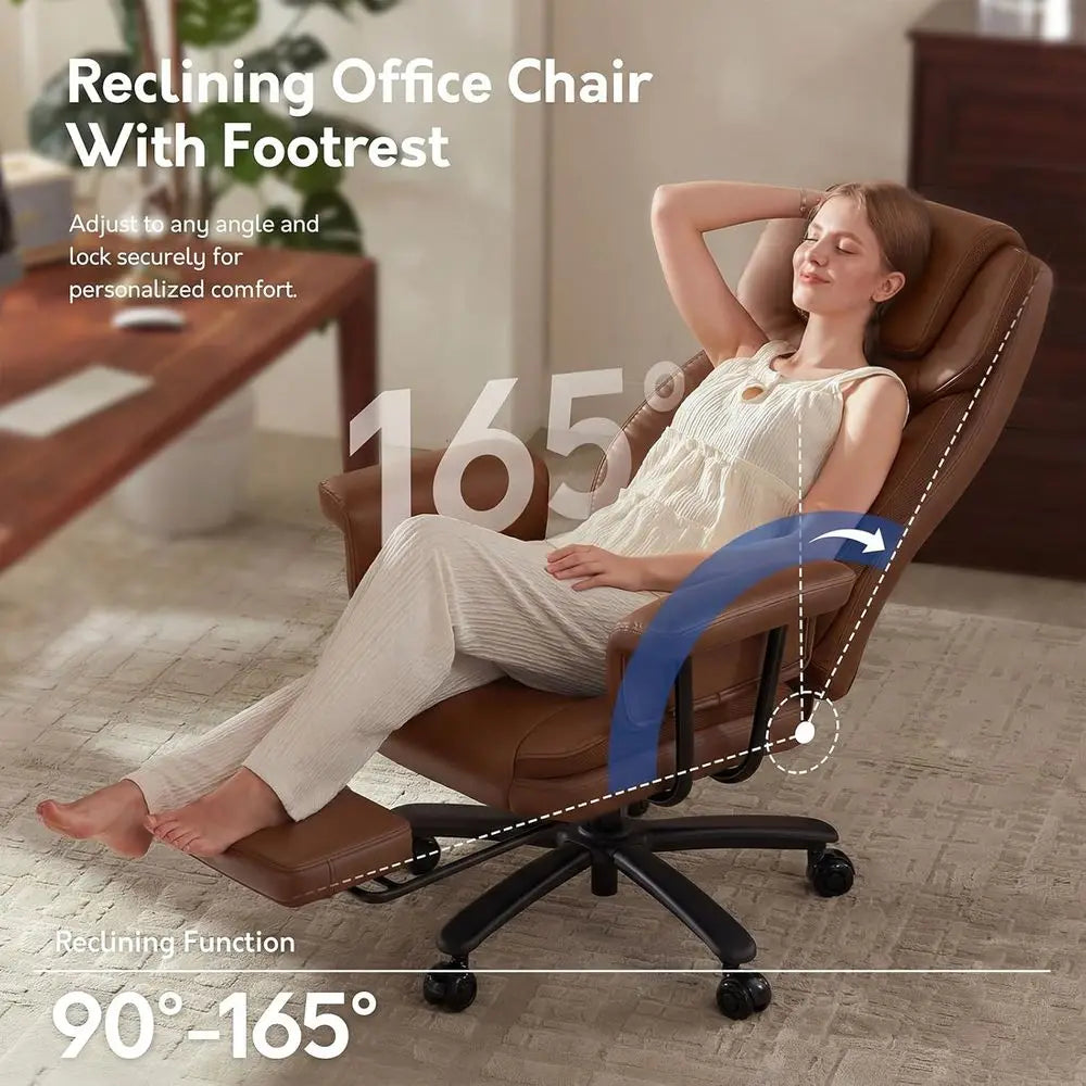 Premium Heavy-Duty Big and Tall Office Chair, 165° Recline, Footrest, Quiet Wheels, Adjustable Height, Brown