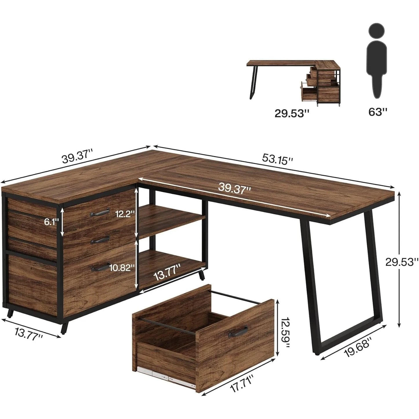 Little Tree L Shaped Office Desk With 3 File Drawers And 2 Storage Shelves