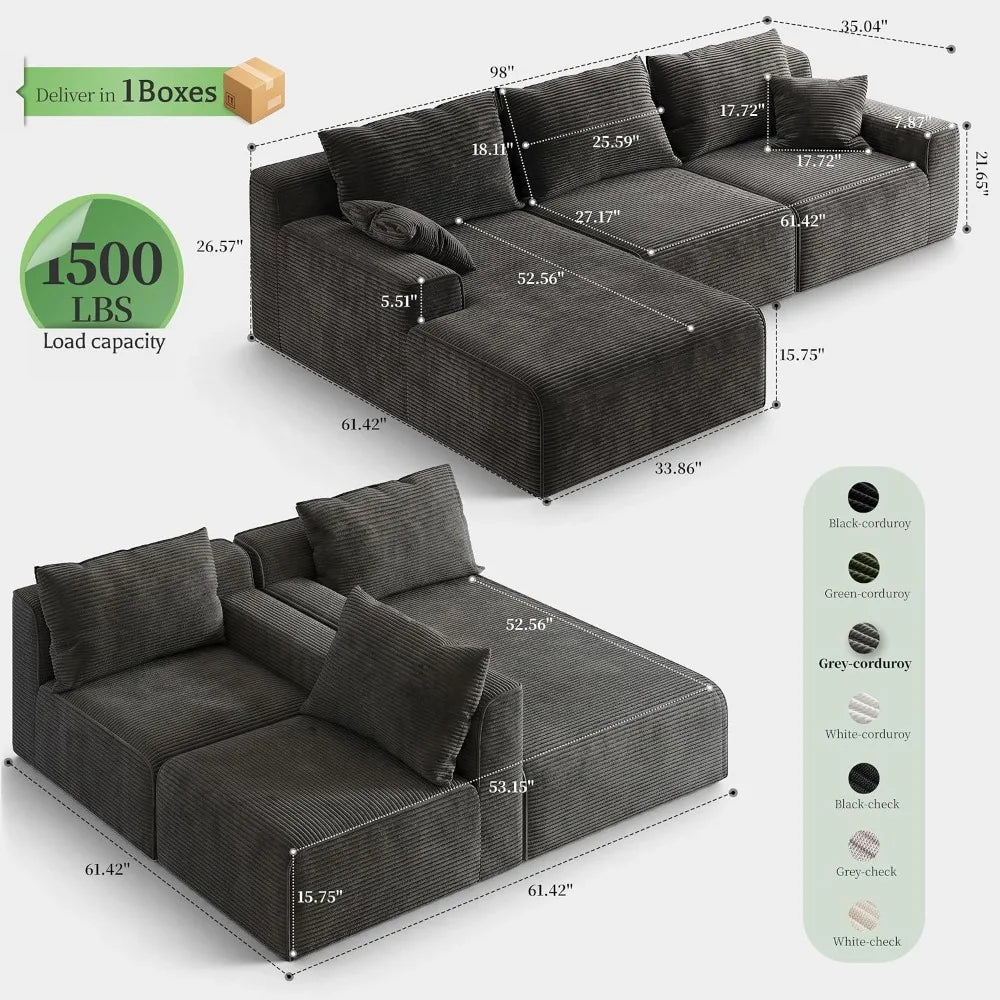 98" Boneless Modular Sectional Sofa with Deep Seat Oversized L-Shape Chaise for Living Room Apartment Small Space, Custom