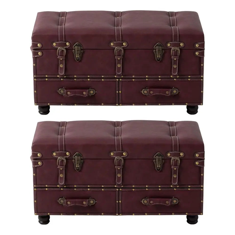 Set of 2 Vintage MidCentury Storage Ottoman Bench Upholstered Padded Chest for Entryway, Bedroom, Living Room Dark Magenta