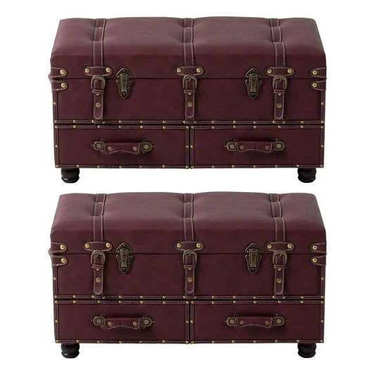 Set of 2 Vintage MidCentury Storage Ottoman Bench Upholstered Padded Chest for Entryway, Bedroom, Living Room Dark Magenta