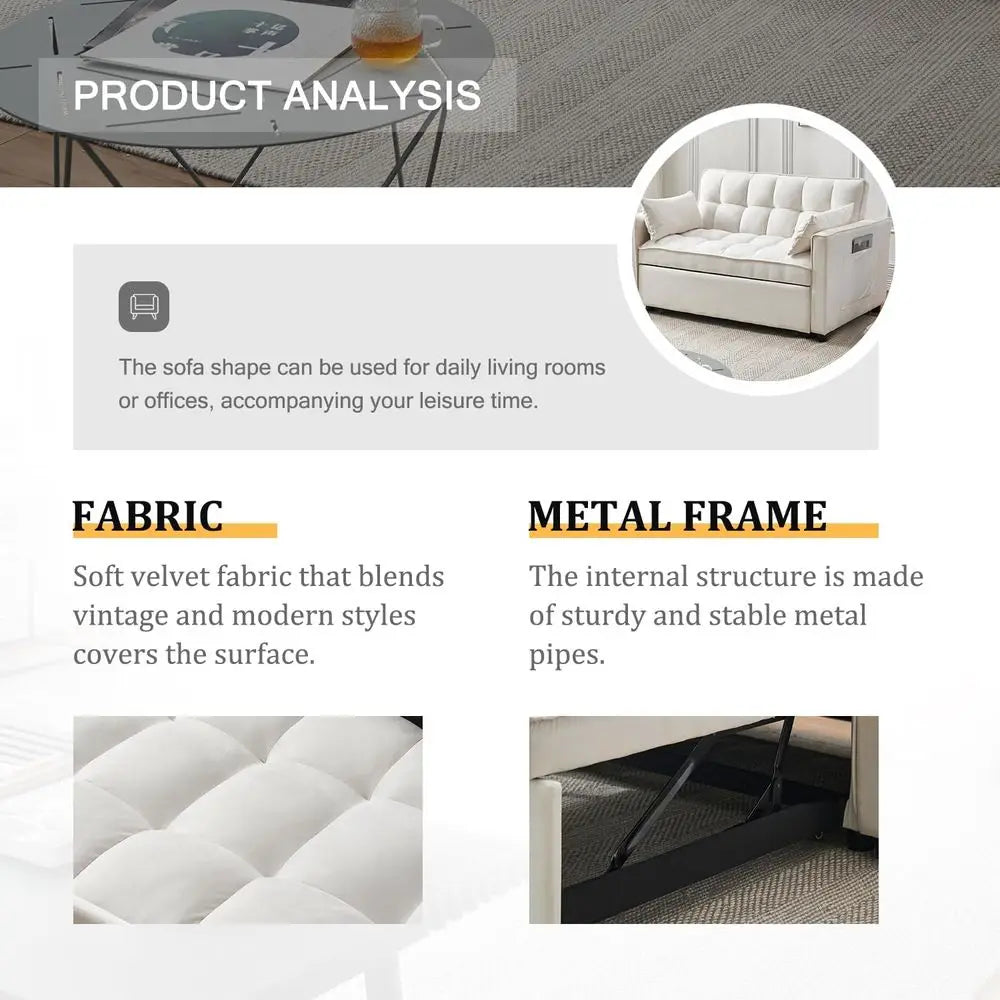 Convertible Sleeper Sofa Bed with Velvet Loveseat, Storage and 2 Pillows for Small Spaces, Cream