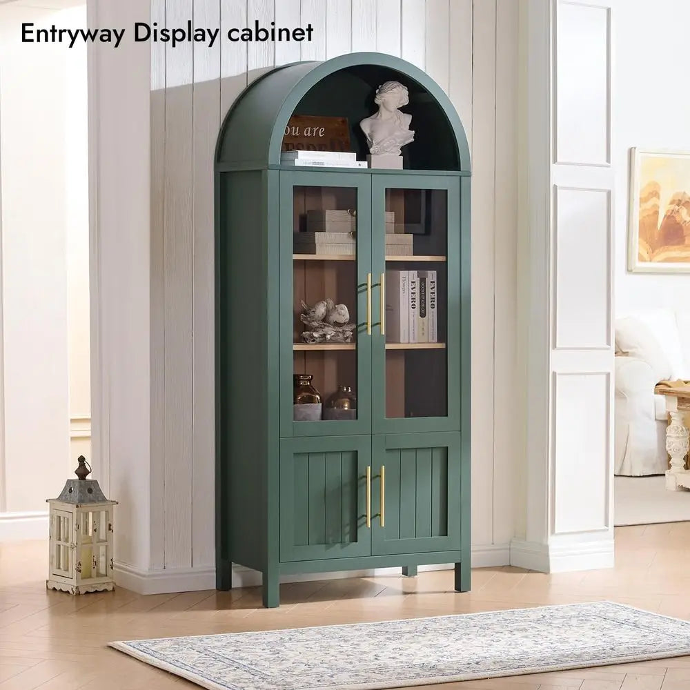 71 Green Arched 5-Tier Display Cabinet with Glass Doors for Living Room, Office, and Kitchen Storage