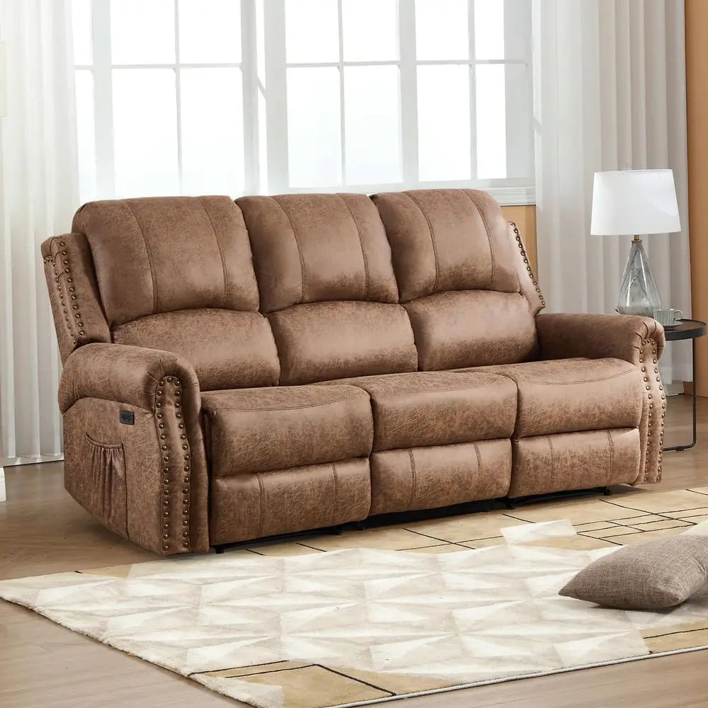 Faux Leather Power Reclining Sofa, 3 Seat Electric Recliner Couch Sofa with Rivet Decoration, Recliner Sofa for Living Room, Of