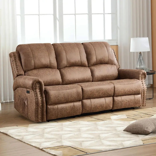 Faux Leather Power Reclining Sofa, 3 Seat Electric Recliner Couch Sofa with Rivet Decoration, Recliner Sofa for Living Room, Of
