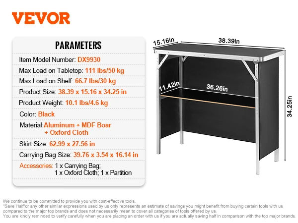SucceBuy Folding Portable Bar Table With Carry Case And Shelf