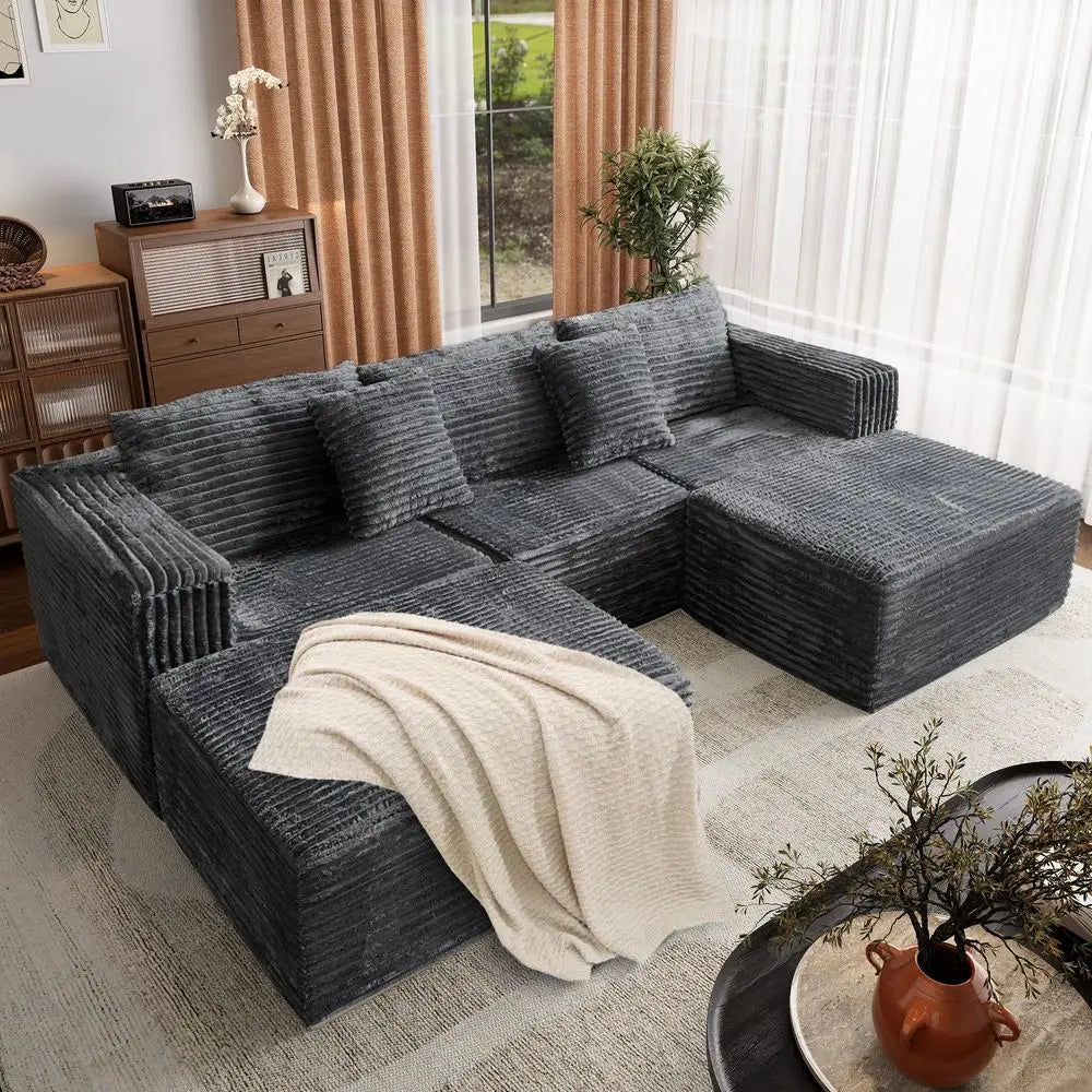 Corduroy Modular Sectional Sofa With Two Ottomans And Deep Seats