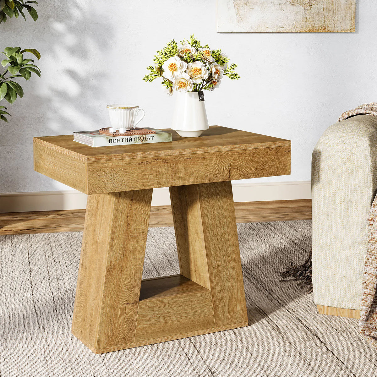 Tribesigns Side Table, 2-Tier Narrow Wooden End Table with Trapezoid Base, Farmhouse Small Nightstand for Living Room, Bedroom