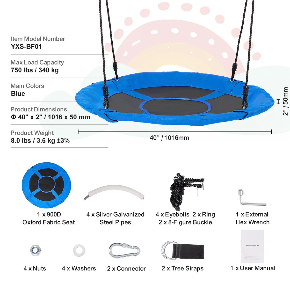 SucceBuy Tree Swing, 40In Saucer Swing 750lbs Capacity 900D Oxford Fabric Swing Seat with 2 Hanging Straps for Kids Outdoor Blue