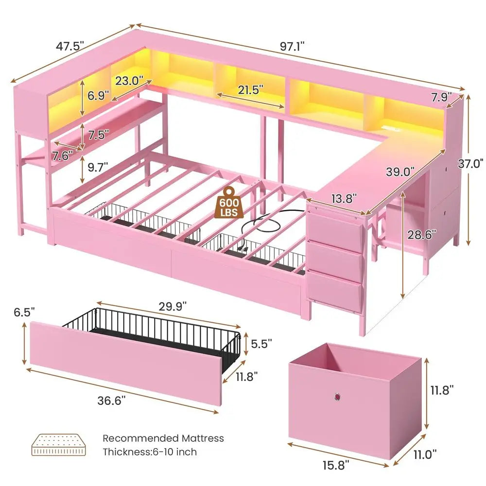 Twin Corner Bed with Desk and Storage Bookcase, Daybed with 2 Drawers amp 2 Storage Bins, Twin Size Platform Bed Frame with Cha