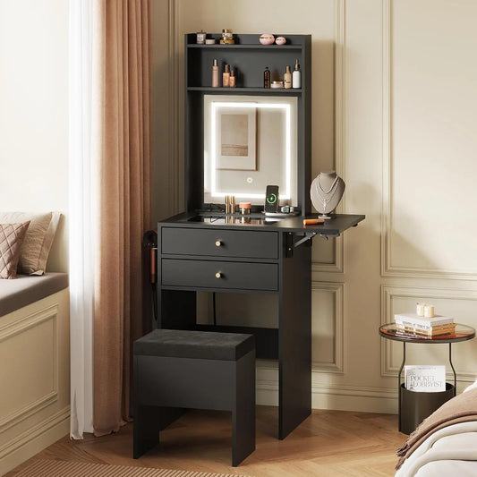 Small Black Vanity Desk with Mirror and Lights, Compact Makeup Vanity Set with Fold-up Panel and Chair, Dressing, Customized