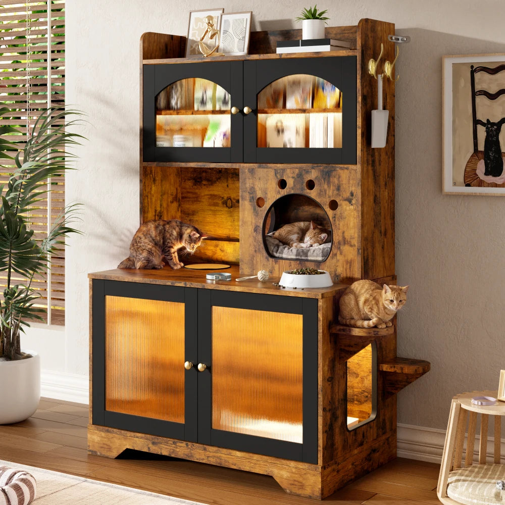 Farmhouse Cat Litter Box Enclosure Hidden Cat Washroom Built-in Scratching Post & LED Lights, Cat House with Storage Cabinets